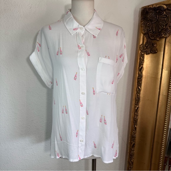 Rails Tops - Rails Champagne Bottles White Pink Short Sleeve Button Front Blouse Size Small